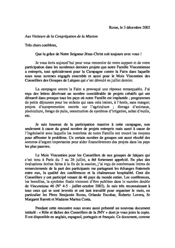Lettre sur la famille vincentienne (03-12-2002) - La Congrégation de la ...